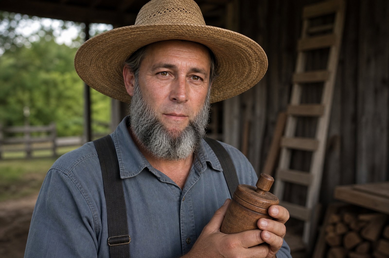 Ezra holding a turned wooden crock